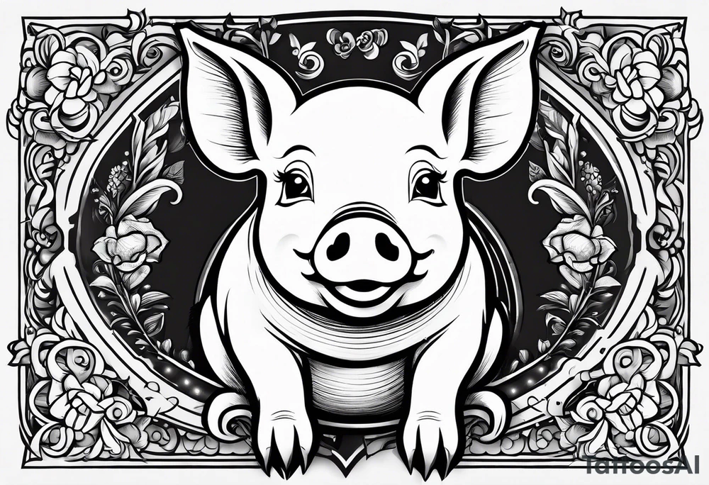 cute pig or piglet.
with text: "friends not food" 

only very thin lines. no shading. black and white only tattoo idea