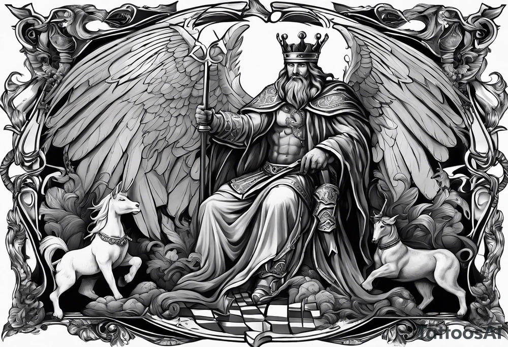 Illustrate a powerful scene where the angelic king checkmates the demonic king, symbolizing the triumph of good over evil in the strategic game of life. tattoo idea