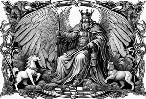 Illustrate a powerful scene where the angelic king checkmates the demonic king, symbolizing the triumph of good over evil in the strategic game of life. tattoo idea