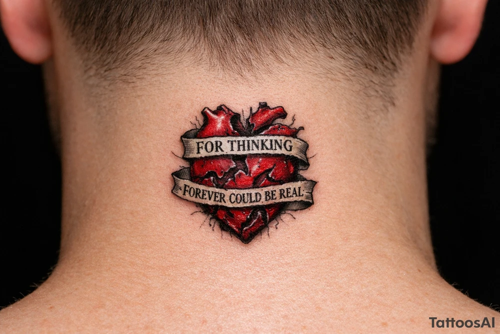A realistic heart damaged beyond repair with the words wrapped around it “for thinking forever could be real” tattoo idea