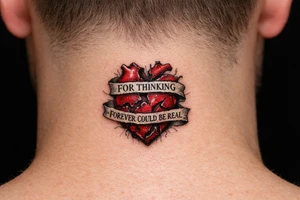 A realistic heart damaged beyond repair with the words wrapped around it “for thinking forever could be real” tattoo idea