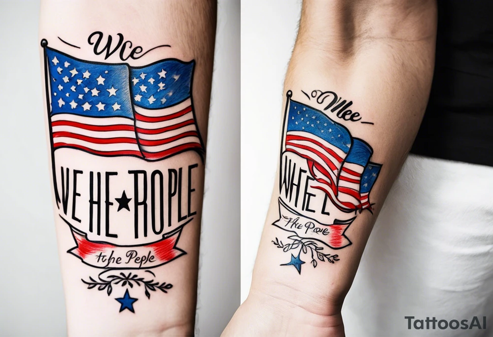 American patriotic forearm tattoo that includes the American flag, the phrase "We The People" tattoo idea