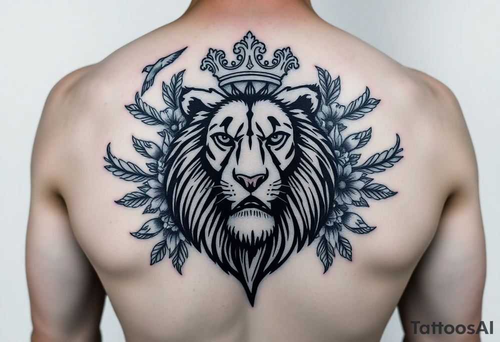 powerful majestic lion with a crown, surrounded by floral ornaments and birds tattoo idea
