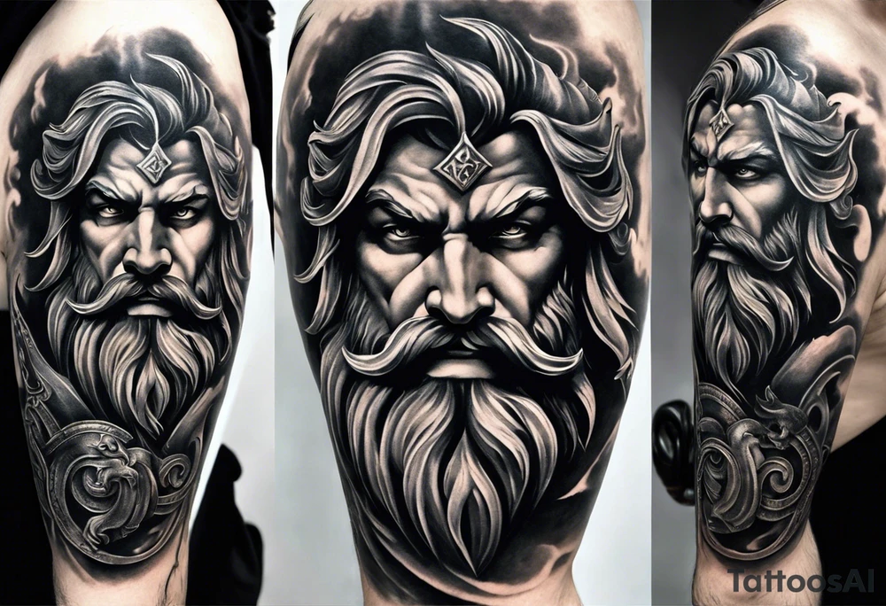 The tattoo features a highly realistic depiction of Hadès, the Greek god of the underworld, holding Cerberus, the three-headed guardian of the underworld, on a chain. Hadès is portrayed with a commanding and imposing presence. His face, marked by stern and intense eyes, exudes authority and control. His dark, flowing hair and beard are rendered with intricate details, adding texture and depth. He is draped in a richly detailed cloak that falls in realistic folds, enhancing his divine and somber demeanor. Cerberus, depicted in a dynamic and fierce pose, is shown with his three heads snarling and baring their fangs. Each head is intricately detailed with lifelike fur, sharp eyes, and menacing expressions. The three heads are chained, with the chains artistically wrapped around Hadès' hand, symbolizing his dominance over the beast. The chains themselves are depicted with realistic textures and shadows, emphasizing their weight and strength. The background remains minimalistic to keep the focus on Hadès and Cerberus. The tattoo uses detailed shading and highlights to bring out the textures of Hadès' cloak, Cerberus' fur, and the chains, capturing the dark and powerful essence of the Greek god and his fearsome guardian. tattoo idea