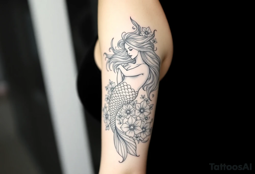 ethereal mermaid with flowing hair among coral and sea flowers tattoo idea