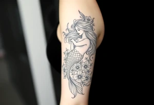 ethereal mermaid with flowing hair among coral and sea flowers tattoo idea