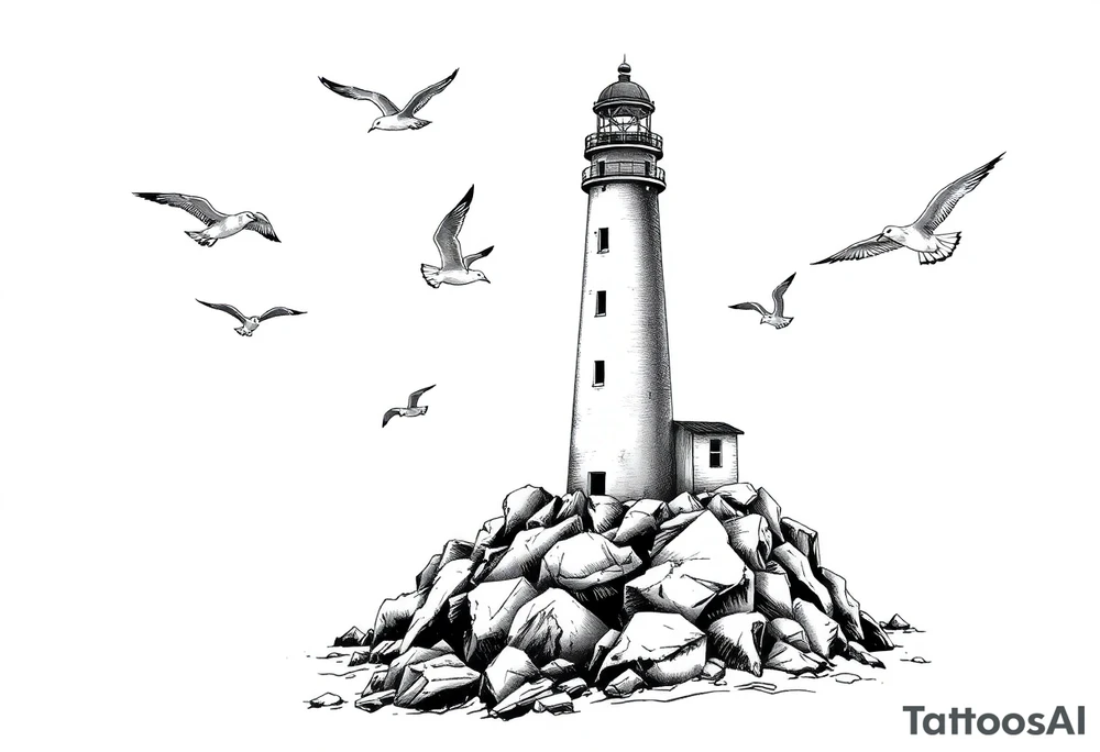 Lighthouse in the sea around flying seagulls tattoo idea