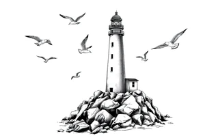 Lighthouse in the sea around flying seagulls tattoo idea