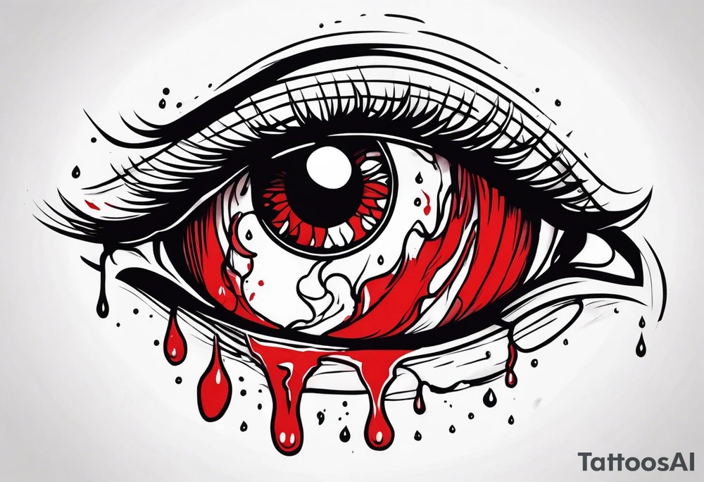 Bleeding tear flows to down from man's red eye sleeve tattoo design tattoo idea