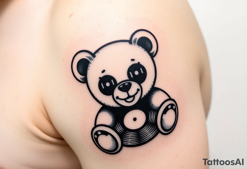 minimalist teddy bear with vinyl records as eyes smiling and sitting on a record tattoo idea