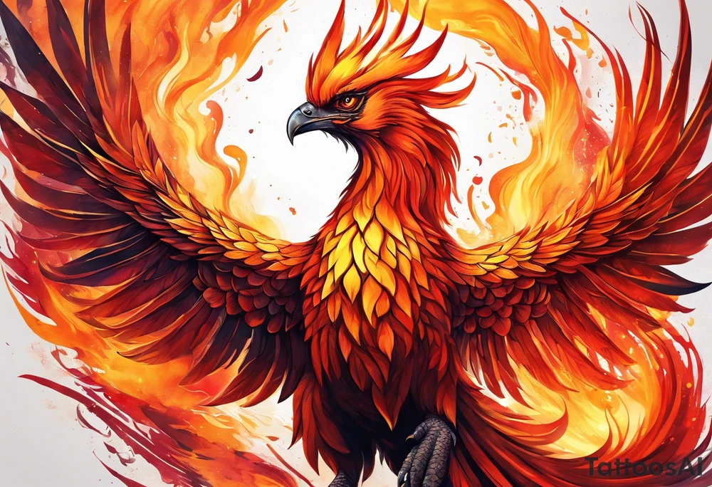 beautiful phenix, rising from fire and ash, signaling rebirth, renewal, beautiful, intricate, orange, red, deep red, bright orange, light yellow,. dark yellow, tattoo idea