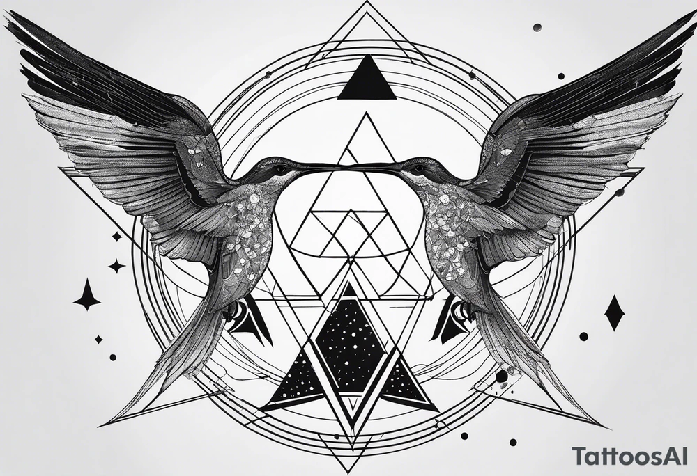 Feminine. Symbolises connection, beauty in imperfection, femininity, duality within oneself, possibility, intuition, hope, joy, spirituality and resilience. Include double triangle, unclosed triangle (delta), triangle with black tip, crescent moon, unclosed circle completed with dots or broken line, hummingbird and swallow birds. tattoo idea