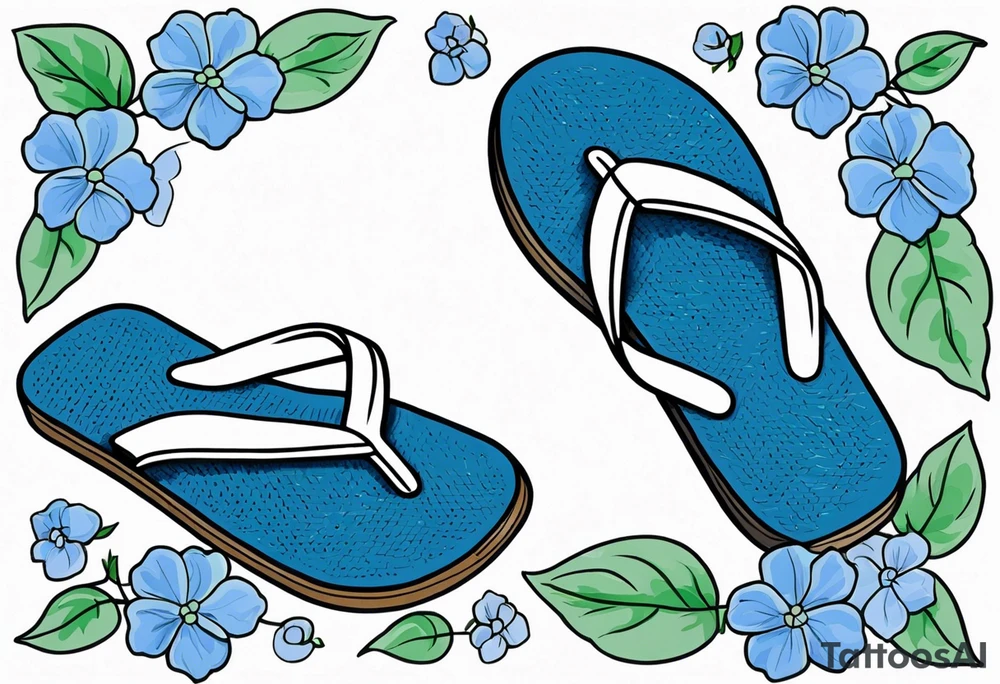 small tattoo of a pastel blue flip flop surrounded by blue and periwinkle hydrangea flowers with green leaves tattoo idea