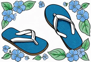 small tattoo of a pastel blue flip flop surrounded by blue and periwinkle hydrangea flowers with green leaves tattoo idea