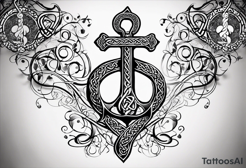 Celtic styling, anchor, bass clef note, treble clef note, dog paw print, half sleeve, forearm tattoo idea