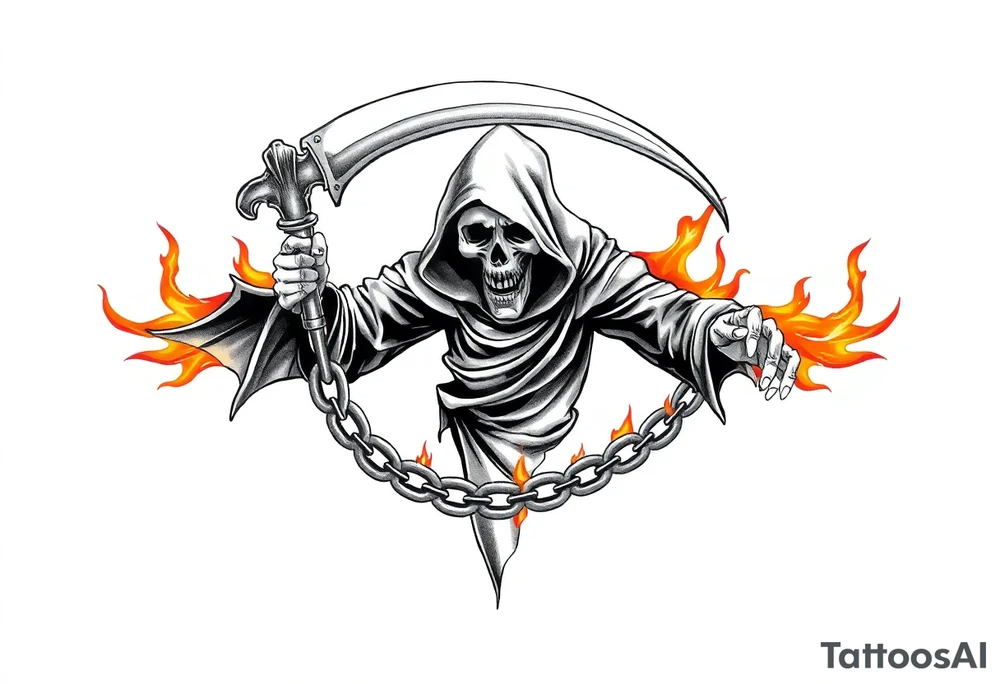 Grim reaper on fire with chain tattoo idea