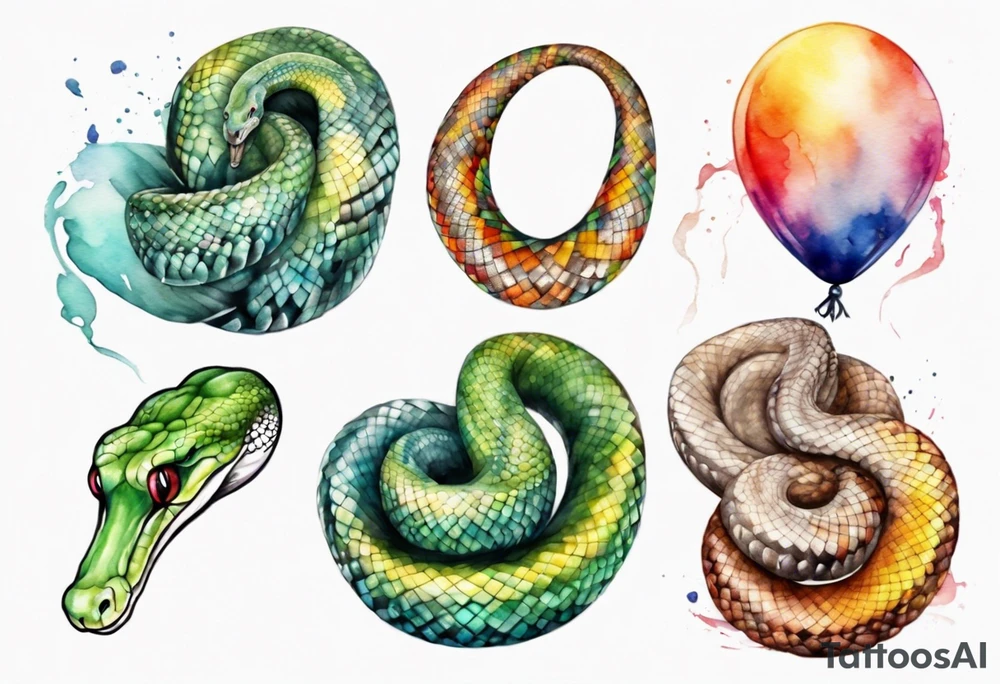 african python with colored ballons aside and te-fiti stone on the other side tattoo idea