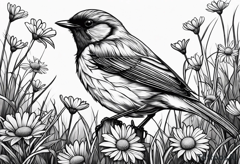 Little bird perched in grass with a daisy tattoo idea