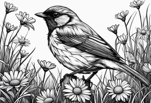 Little bird perched in grass with a daisy tattoo idea