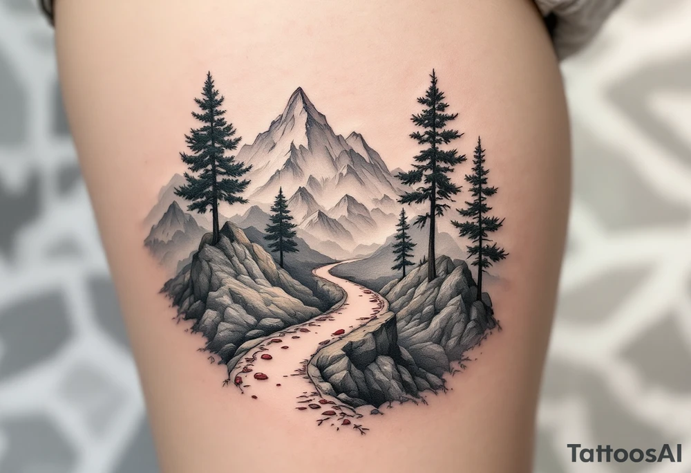 „I nejdelsi cesta zacina prvnim krokem.“ — A winding trail through mountain peaks in soft grays, with a single red bootprint and the proverb „I nejdelsi cesta zacina prvnim krokem.“ written in the sky. tattoo idea