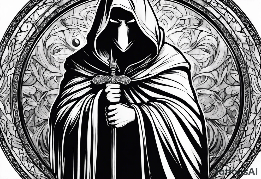 Hooded figure with no face carrying wooden staff with gem on top and wearing a long tattered cloak tattoo idea