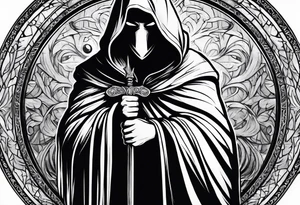 Hooded figure with no face carrying wooden staff with gem on top and wearing a long tattered cloak tattoo idea