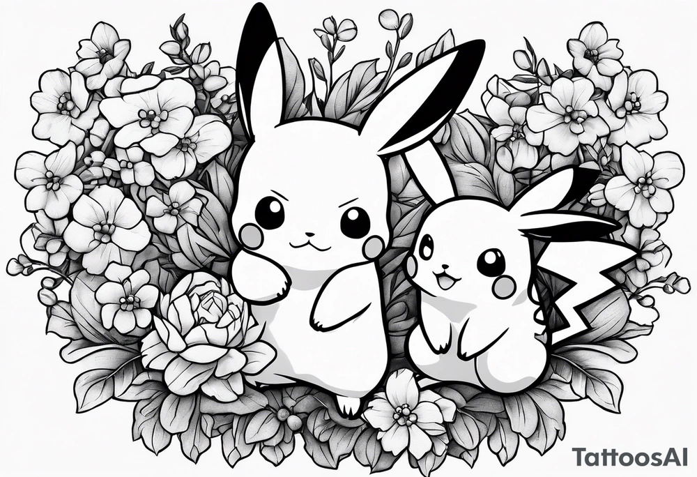 A loose bouquet of forget me knots and cute pikachu at the bottom holding them tattoo idea