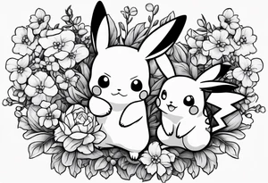 A loose bouquet of forget me knots and cute pikachu at the bottom holding them tattoo idea
