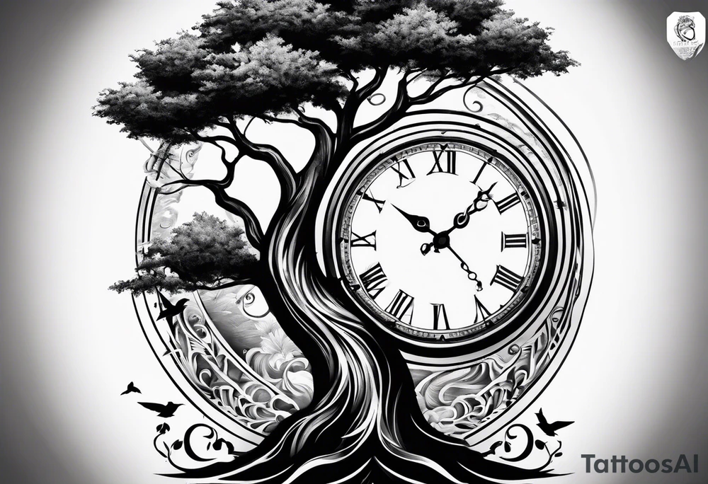 Half sleeve, tree, birds,clock tattoo idea