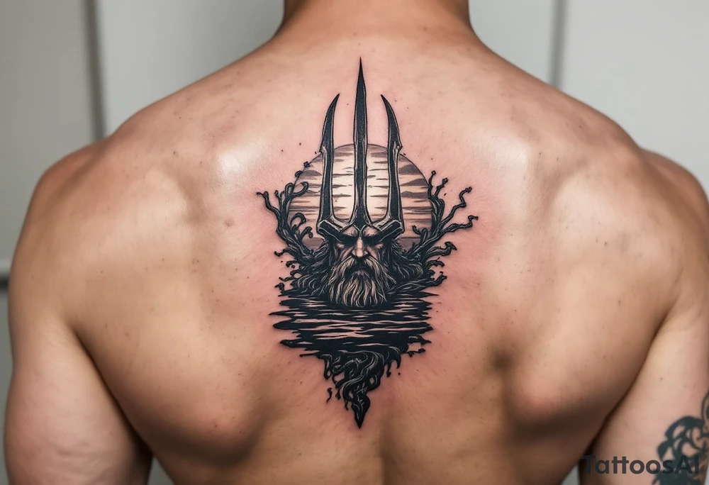 trident with Poseidon half way under calm water at sunset tattoo idea