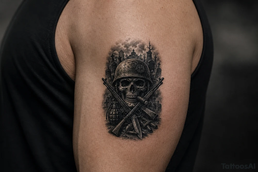 Dark fantasy graveyard, skull in helmet, cigar, crossed rifles, knife, grenade, cartridges. tattoo idea