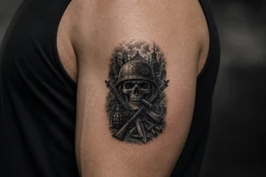 Dark fantasy graveyard, skull in helmet, cigar, crossed rifles, knife, grenade, cartridges. tattoo idea
