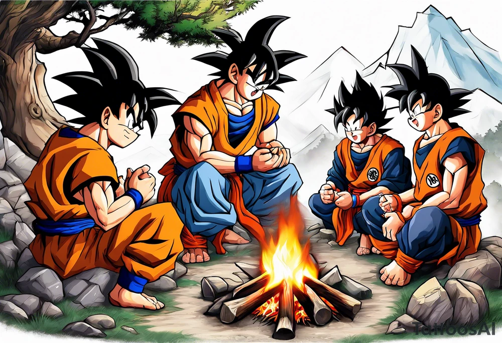 son goku and his friends sitting around a camp fire tattoo idea
