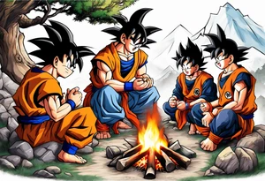 son goku and his friends sitting around a camp fire tattoo idea