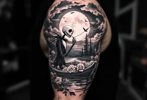 jack skellington smoking and fishing, on a boat of roses, cloudy sky, full moon, birds,pine trees, river tattoo idea