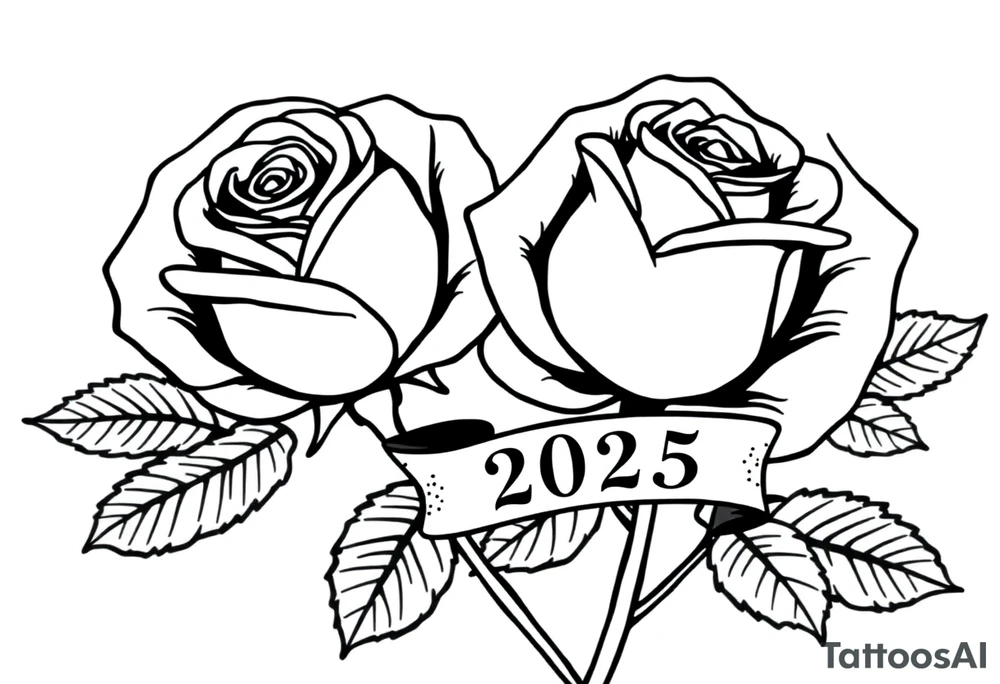 two beautiful large rose buds, one larger than the other, with many leaves next to the rose buds, with one sitting slightly higher than the other, side-by-side.  Include a banner connecting the two roses with the year 2025 on it.   Use dark outlines with little shading. No stems tattoo idea
