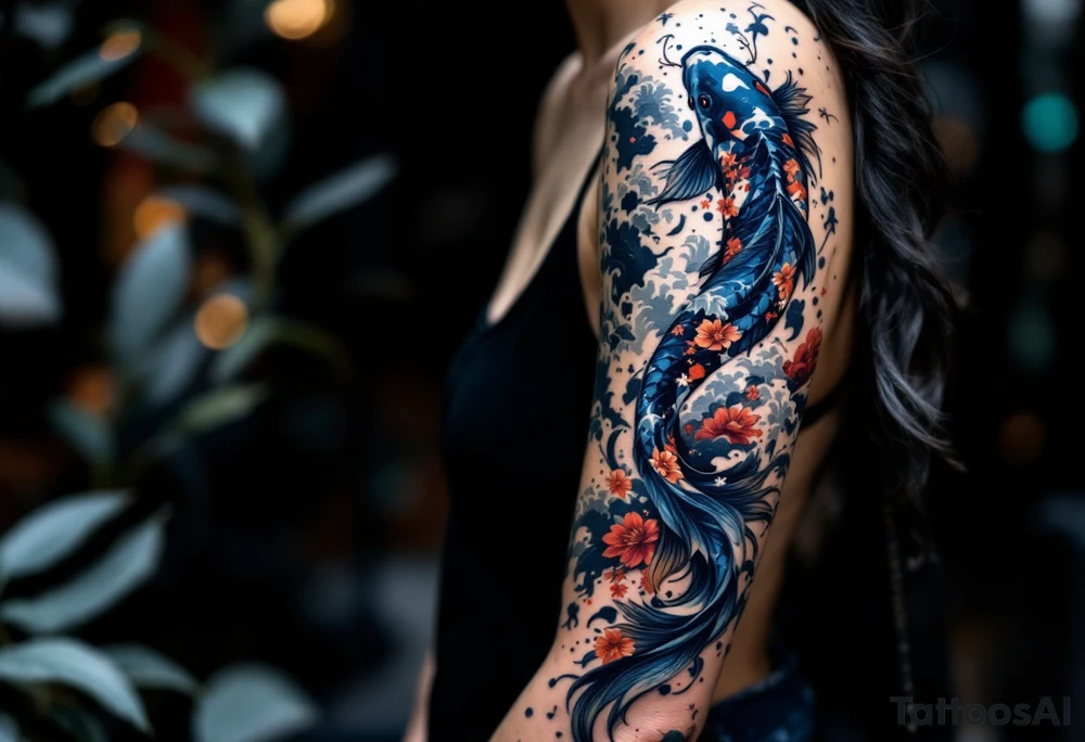 Dark Blue Koi with Wave Sleeve – A powerful dark blue koi swimming through stylized Hokusai-style wave patterns, perfect for a full-arm tattoo. tattoo idea