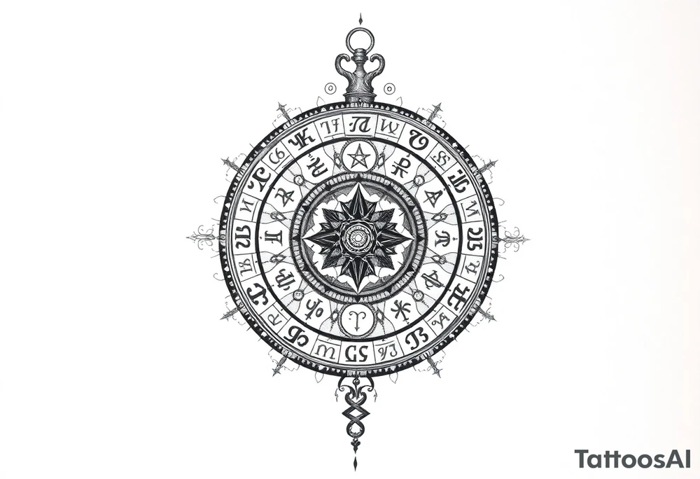 zodiac symbols runes within ornate clockwork mechanism tattoo idea