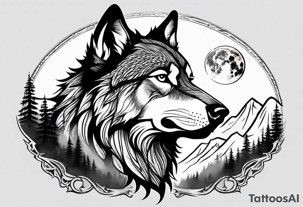 Wolf head in front of snowy mountains howling at a moon tattoo idea