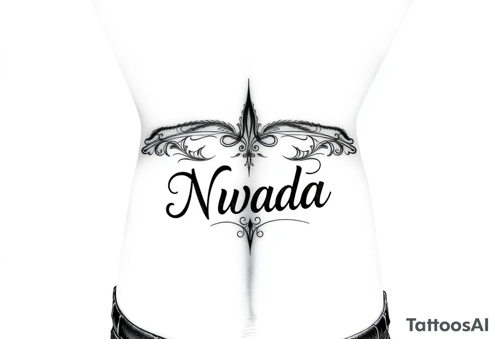a woman's waist with the word "Nwada" written on her waist make her sit on the bed tattoo idea