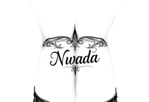 a woman's waist with the word "Nwada" written on her waist make her sit on the bed tattoo idea