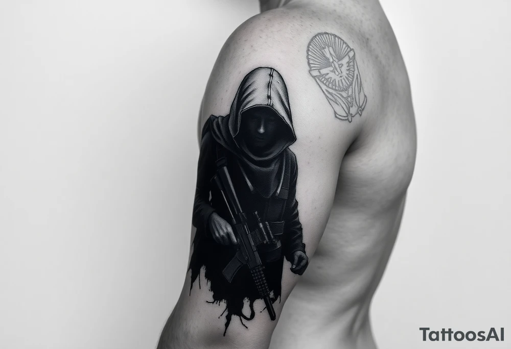 Minimalist covert operative symbolism representing loyalty and survival, faceless soldier silhouette emerging from darkness, torn fabric, subtle scars, controlled posture, black and grey realism, emotional restraint, understated strength, tattoo sleeve element. tattoo idea