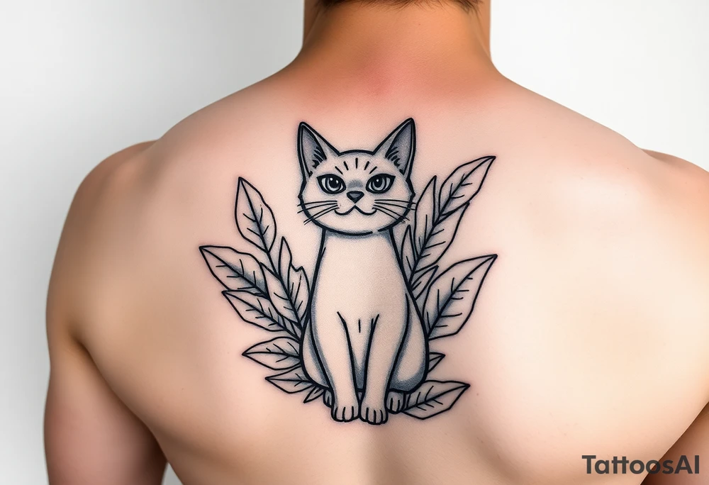 Minimalist cartoon style tattoo of a nebulung cat surrounded but house plants with huge leaves tattoo idea