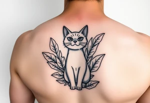 Minimalist cartoon style tattoo of a nebulung cat surrounded but house plants with huge leaves tattoo idea