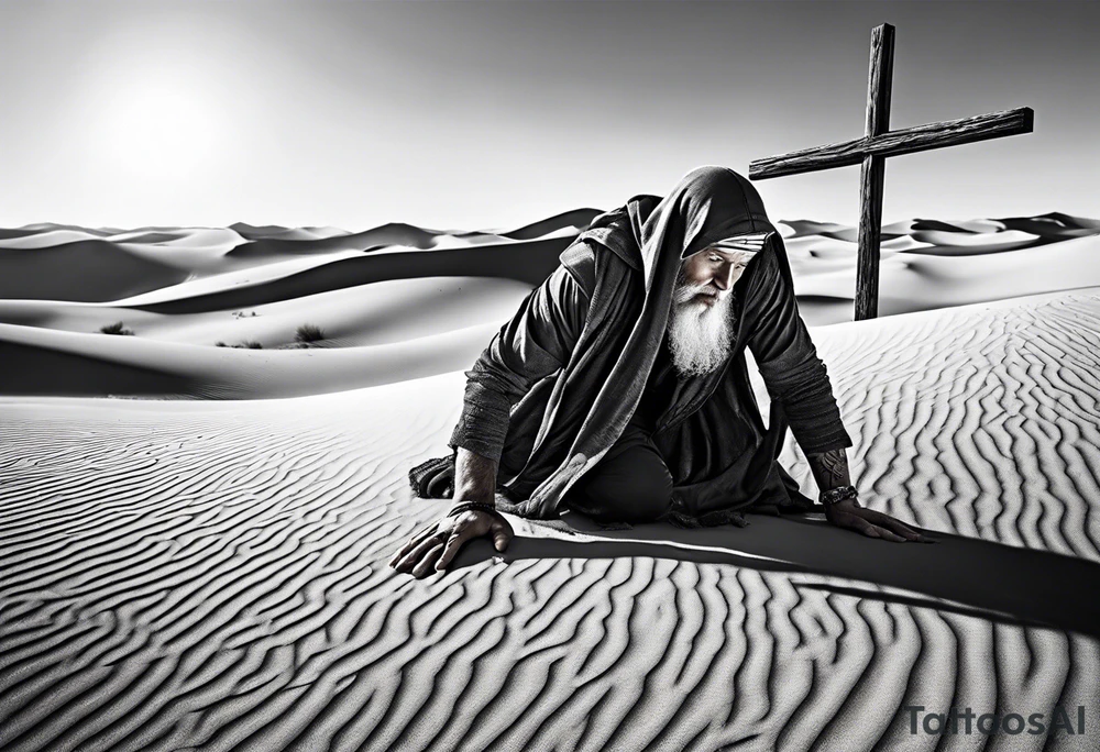 man crawling in a desert toward the cross of Christ tattoo idea