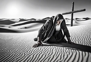 man crawling in a desert toward the cross of Christ tattoo idea