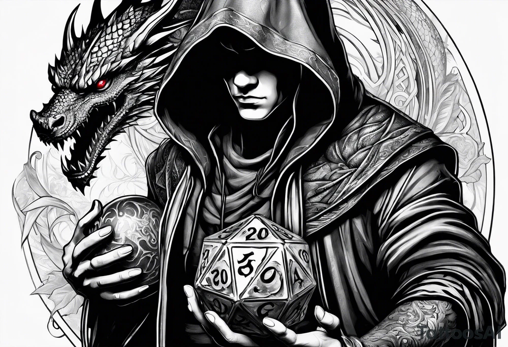 Hooded figure holding a D20, surrounded by a dragon tattoo idea