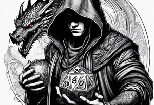 Hooded figure holding a D20, surrounded by a dragon tattoo idea