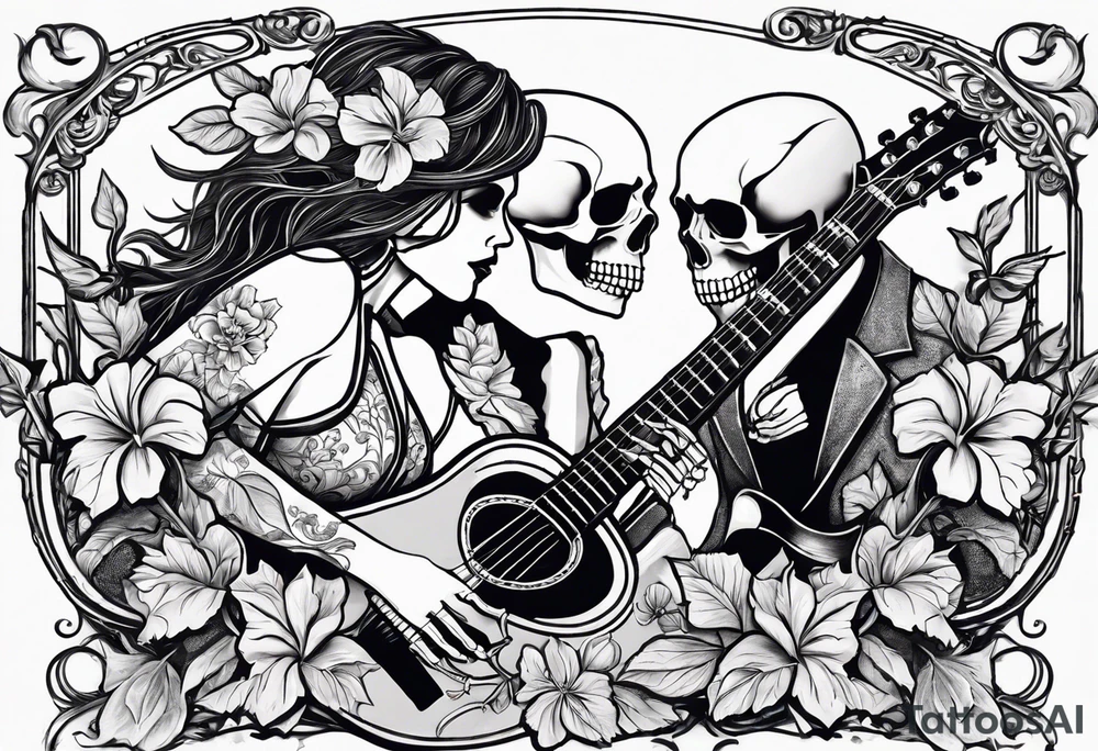two skeletons. a female skeleton with hibiscus flower listening to a male skeleton play guitar . western style tattoo idea