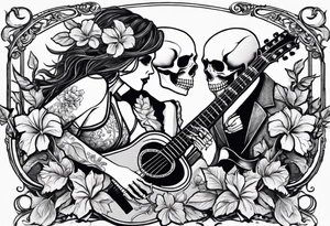 two skeletons. a female skeleton with hibiscus flower listening to a male skeleton play guitar . western style tattoo idea